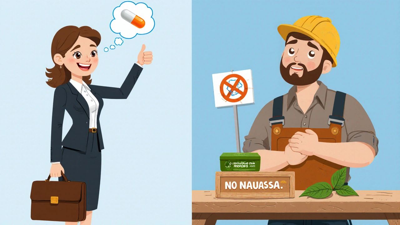 Two panels: Emma celebrates smoke‑free with Champix, Mark switches to Cytisine after nausea.