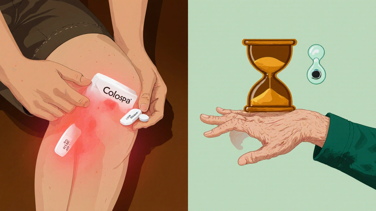 Two people comparing an etodolac tablet for joint pain and a naproxen tablet for arthritis.