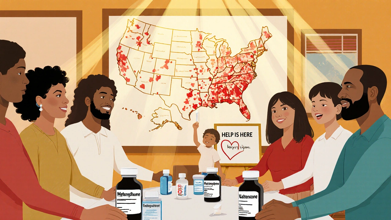 A group of people gathered around medications for addiction treatment, with a map showing access gaps in the background.