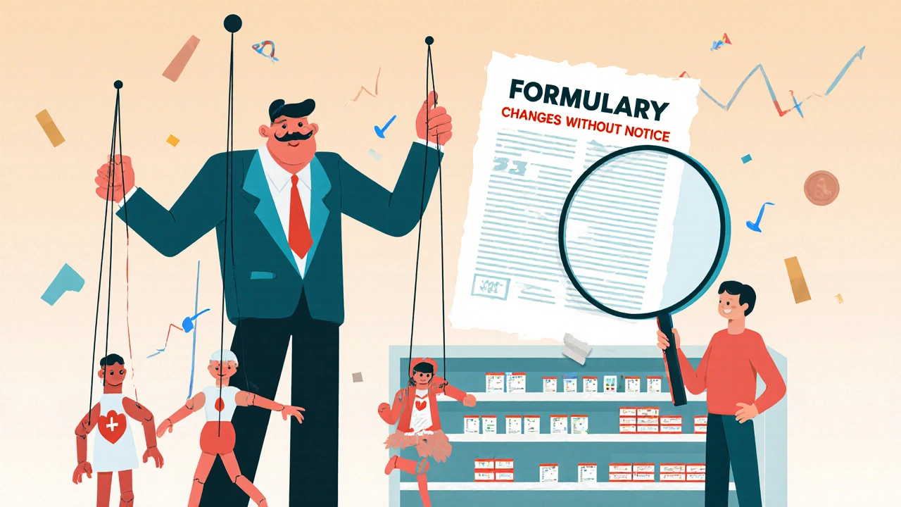 A puppeteer controlling drug prices and pharmacy systems with strings, while an employee examines a formulary labeled &#039;Changes Without Notice&#039;.