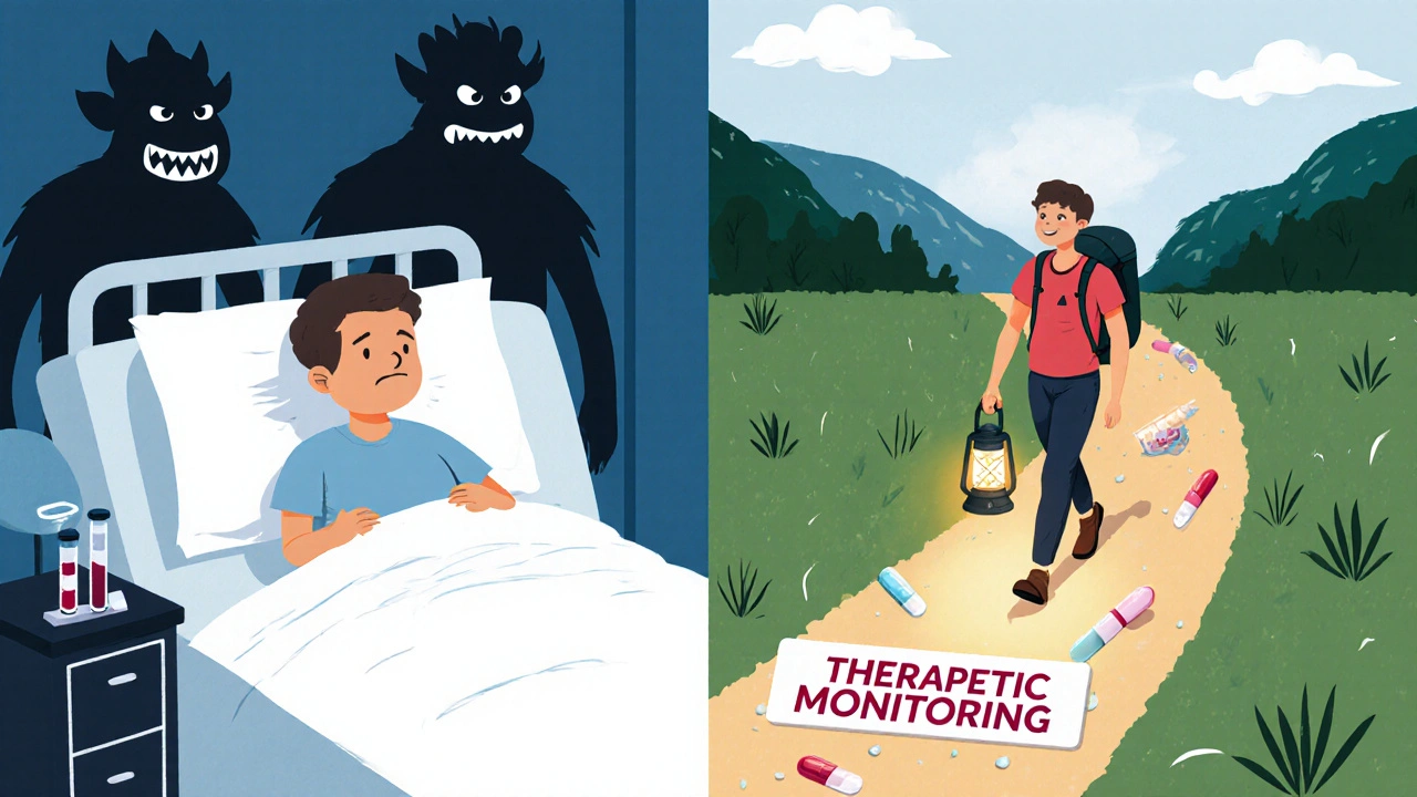 Before and after scene: patient transitioning from hospital infusion to outdoor activity with healed gut.