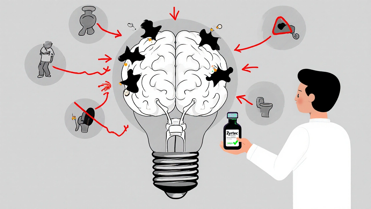 Brain lightbulb dimmed by harmful pills, with warning icons, while a safer alternative is handed by a doctor.