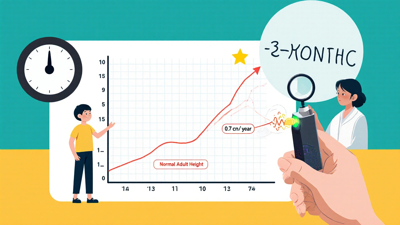 Child&#039;s growth chart with minor temporary dip, parent and pharmacist monitoring inhaler use
