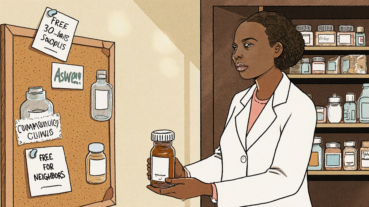 Community clinic bulletin board with unopened meds available for neighbors, pharmacist handing small prescription.