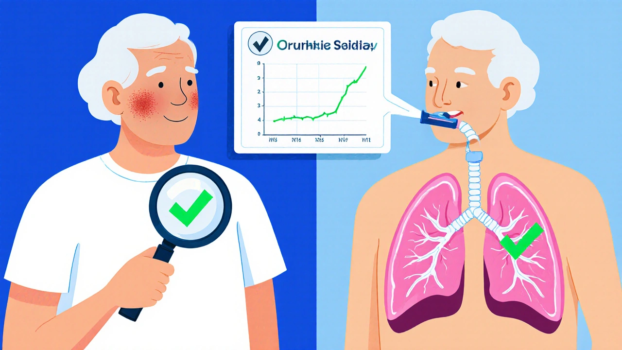 Elderly patient showing side effects of steroid use vs. improved health with proper technique