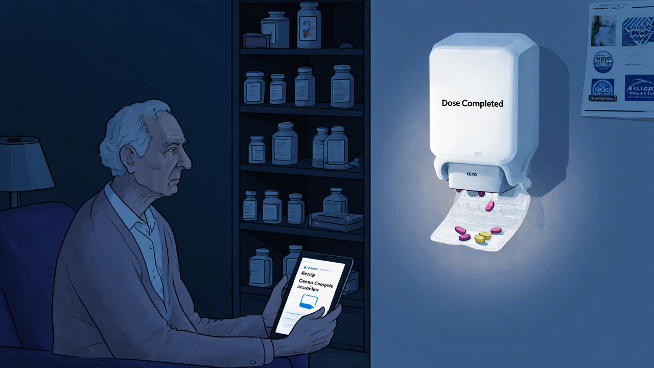 Elderly person receiving pill from smart dispenser at night, family member monitoring via tablet, cluttered medicine shelf in background.