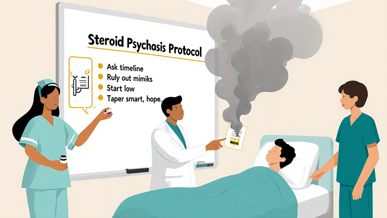 Emergency team managing steroid psychosis with pill, vial, and protocol chart as patient sleeps peacefully with hallucinations fading.