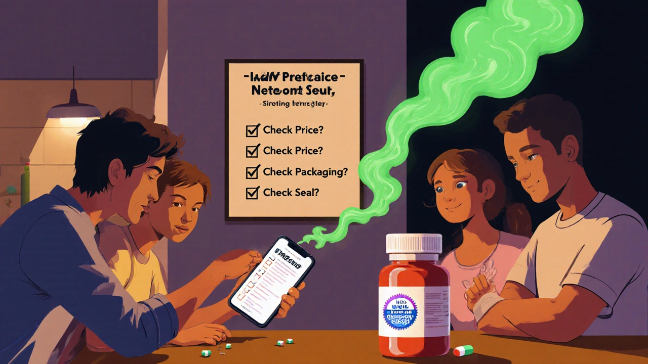 Family at table with suspicious pill emitting fumes, real medication labeled with .pharmacy badge nearby.