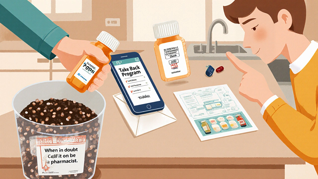 Family reviewing medication app and preparing expired pills for take-back program at kitchen counter.