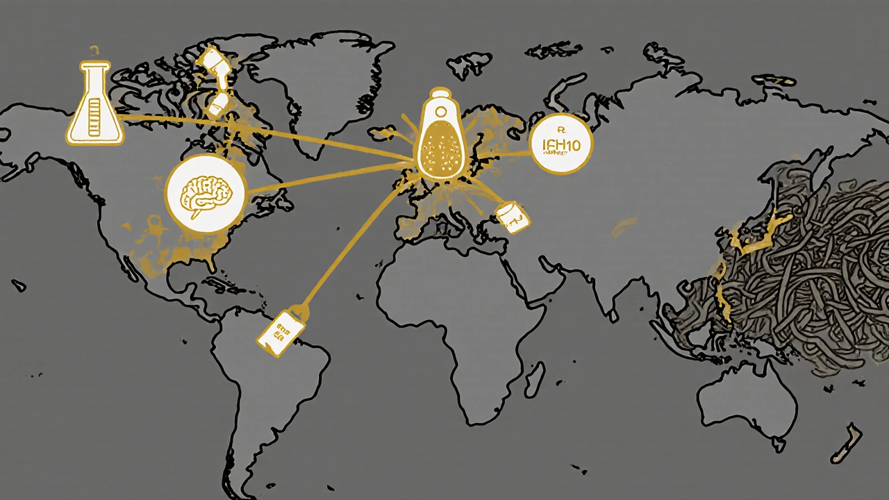 Global map linking U.S. and European labs with a golden thread representing unified drug testing standards.