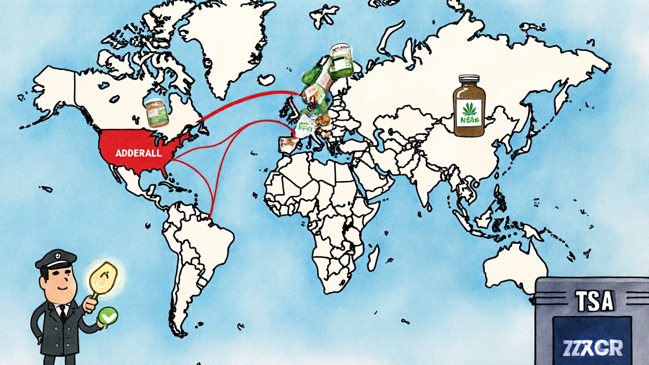 Global map with warning lines showing countries where common medications are banned.