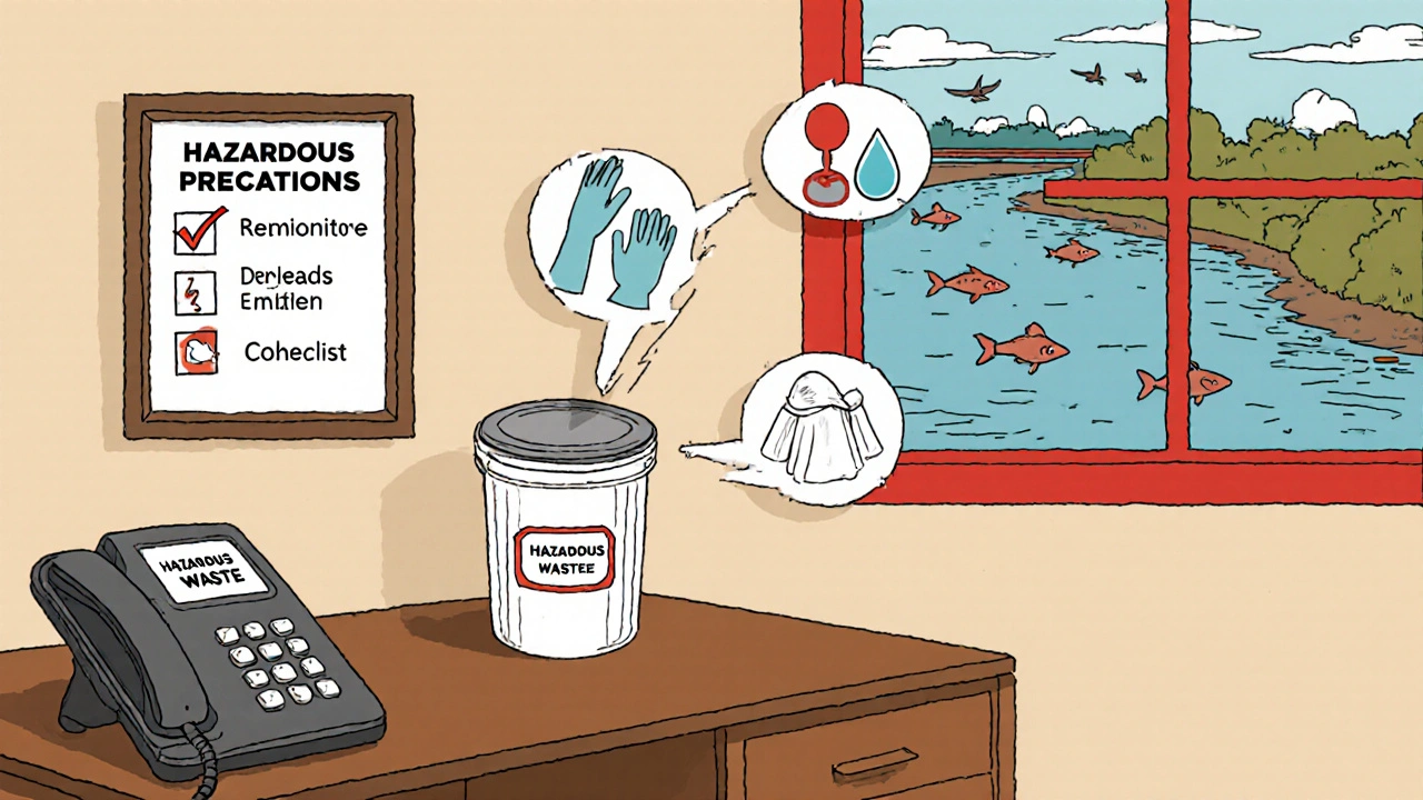 Home disposal checklist with nurse guidance and pollution impact in background.