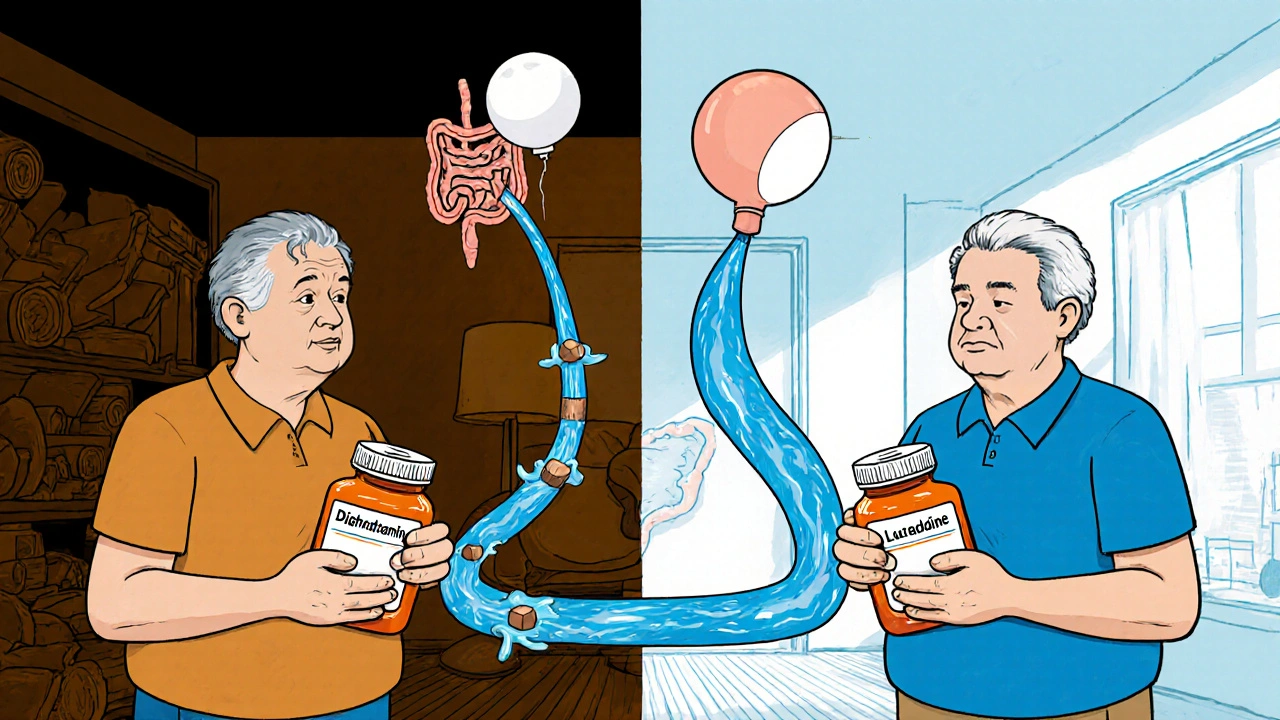 Man comparing old and new allergy pills, showing blocked gut and constricted bladder versus smooth flow.