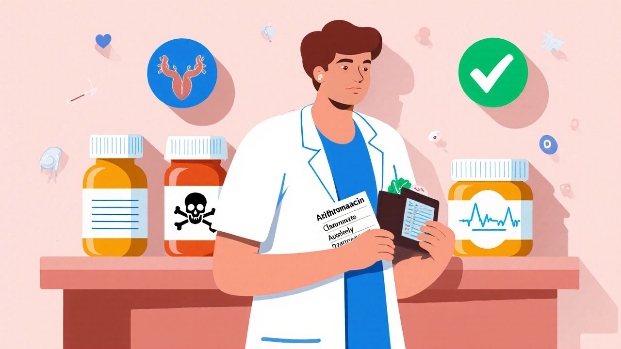 Patient holding medication card beside pharmacy with dangerous and safe antibiotic labels.