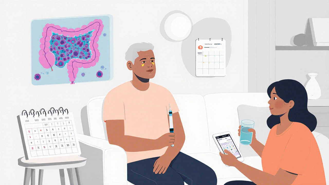 Patient self-administering a biologic injection at home, with symptom tracker and family support visible.