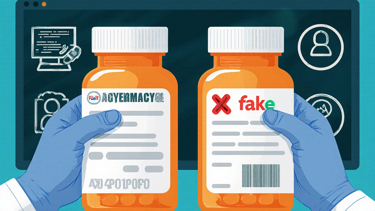 Pharmacist comparing real and fake pill bottles, one with verified .pharmacy label and glowing hologram.