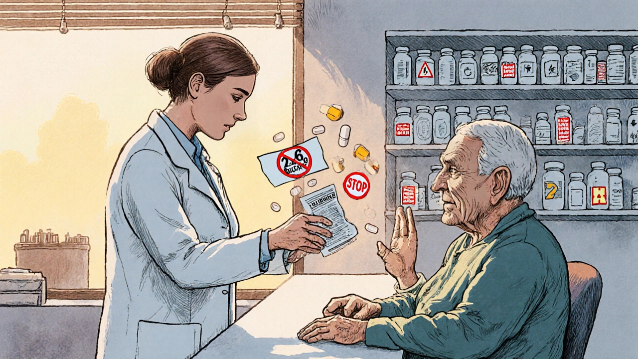 Pharmacist handing pills that turn into warning signs, highlighting hidden dangers of tramadol interactions.