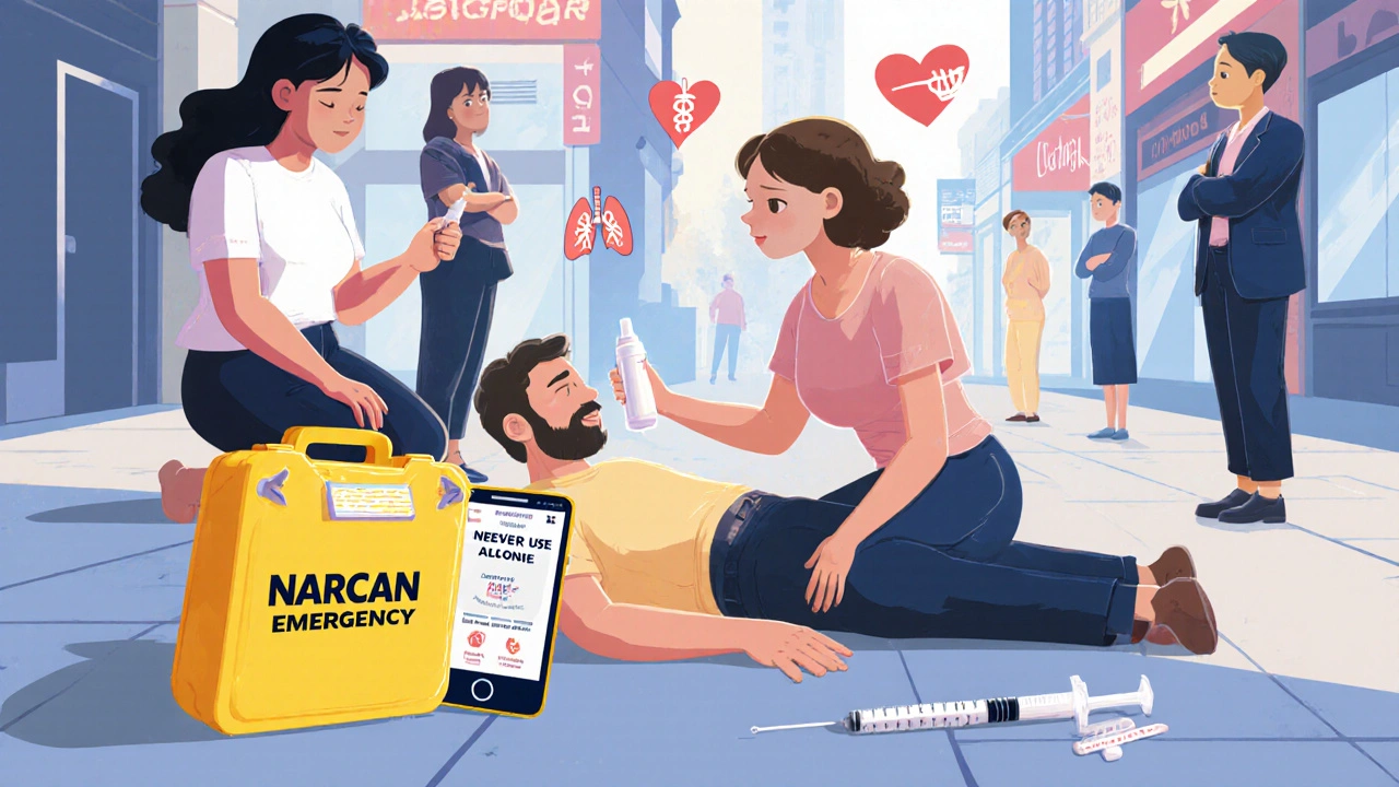 Someone giving a Narcan nasal spray to an overdosing person on the sidewalk, emergency kit open nearby.