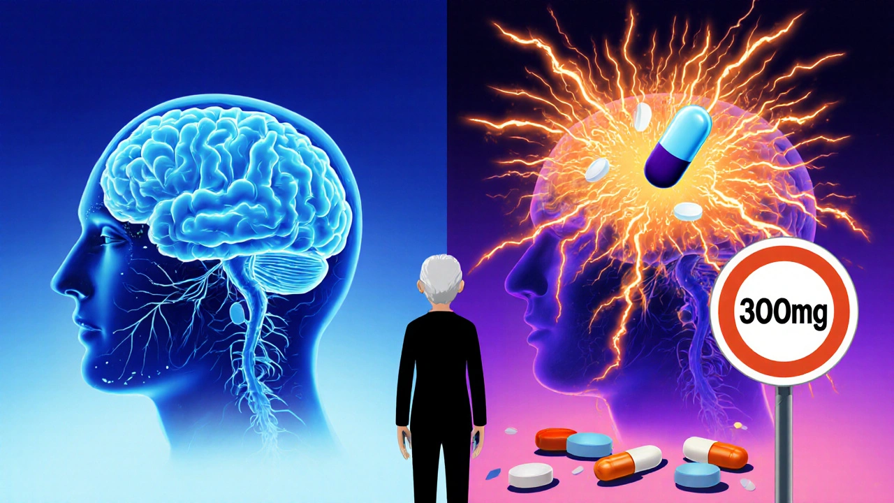 Split brain illustration showing safe vs. seizure-risk neural activity from tramadol and antidepressants.