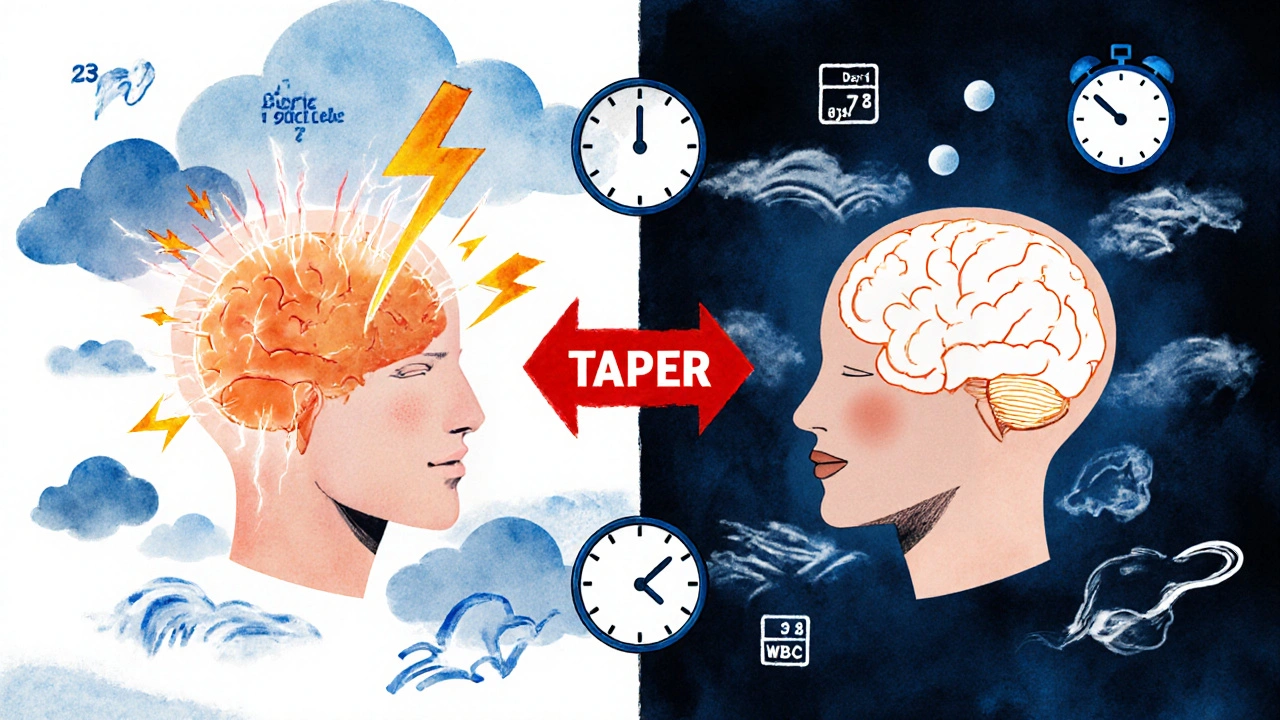 Split brain illustration showing stormy, overstimulated brain on one side and calm brain after steroid taper on the other.