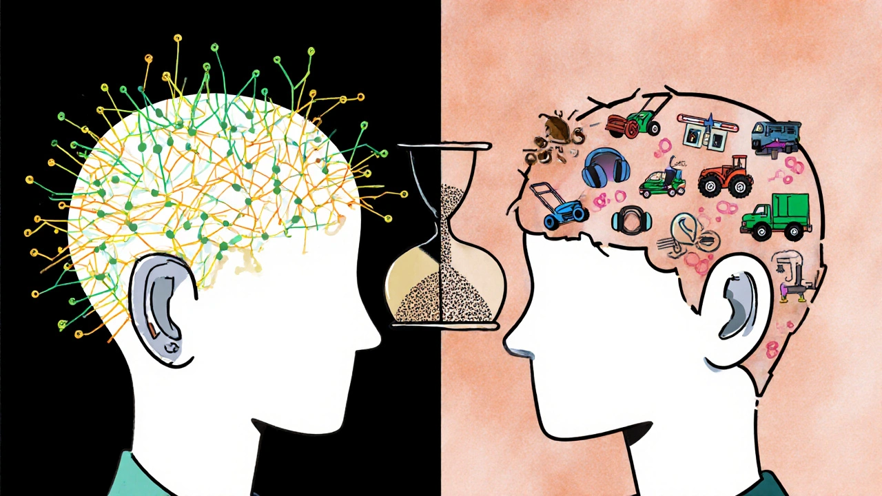 Split illustration: cochlear implant restoring sound signals vs. past noise damage destroying hair cells.