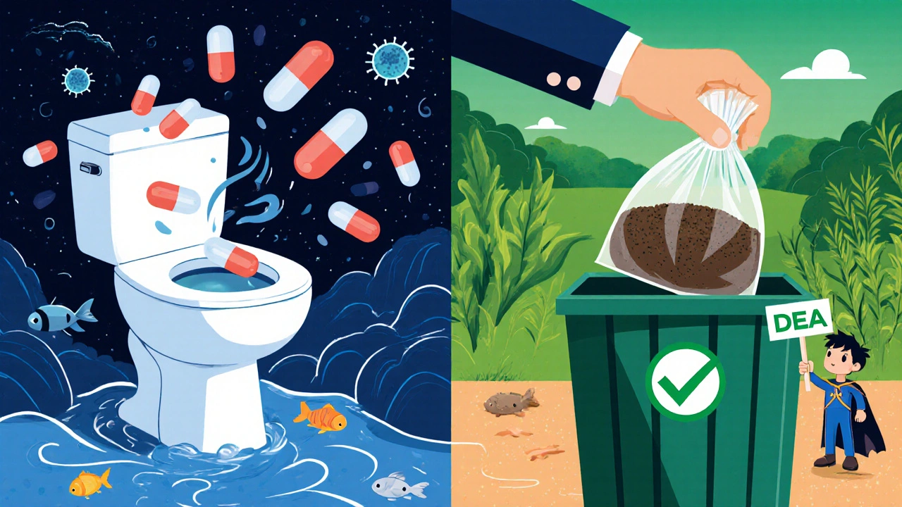 Split image: antibiotics flushed into water vs. mixed with coffee grounds in trash, with environmental impact symbols.