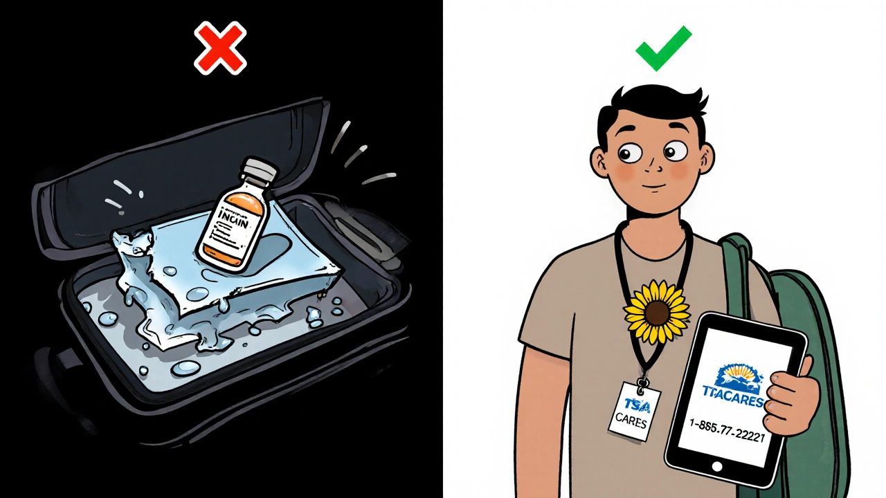 Split image showing dangerous checked luggage versus safe carry-on meds with a Sunflower Lanyard.