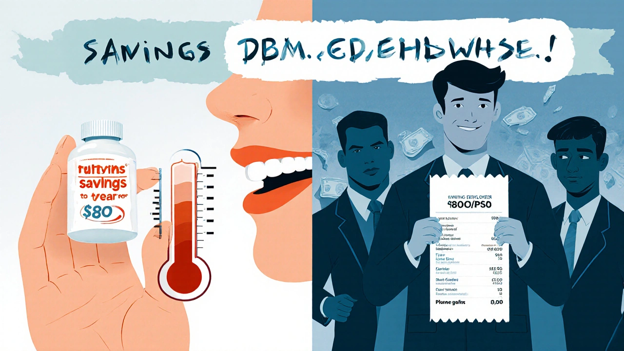 Split scene: one side shows savings from generics, the other shows a shocking pharmacy bill, with shadowy figures profiting behind the scenes.