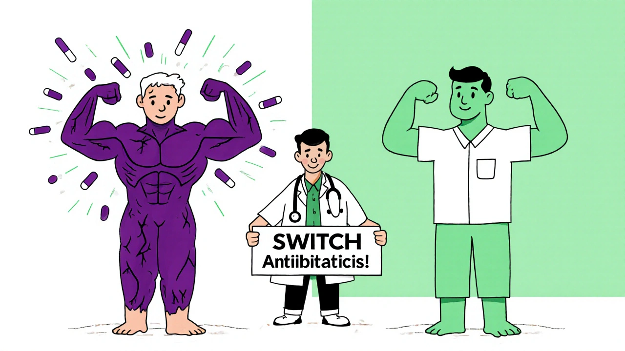 Two patients: one in distress from drug interaction, one calm with safe antibiotic.