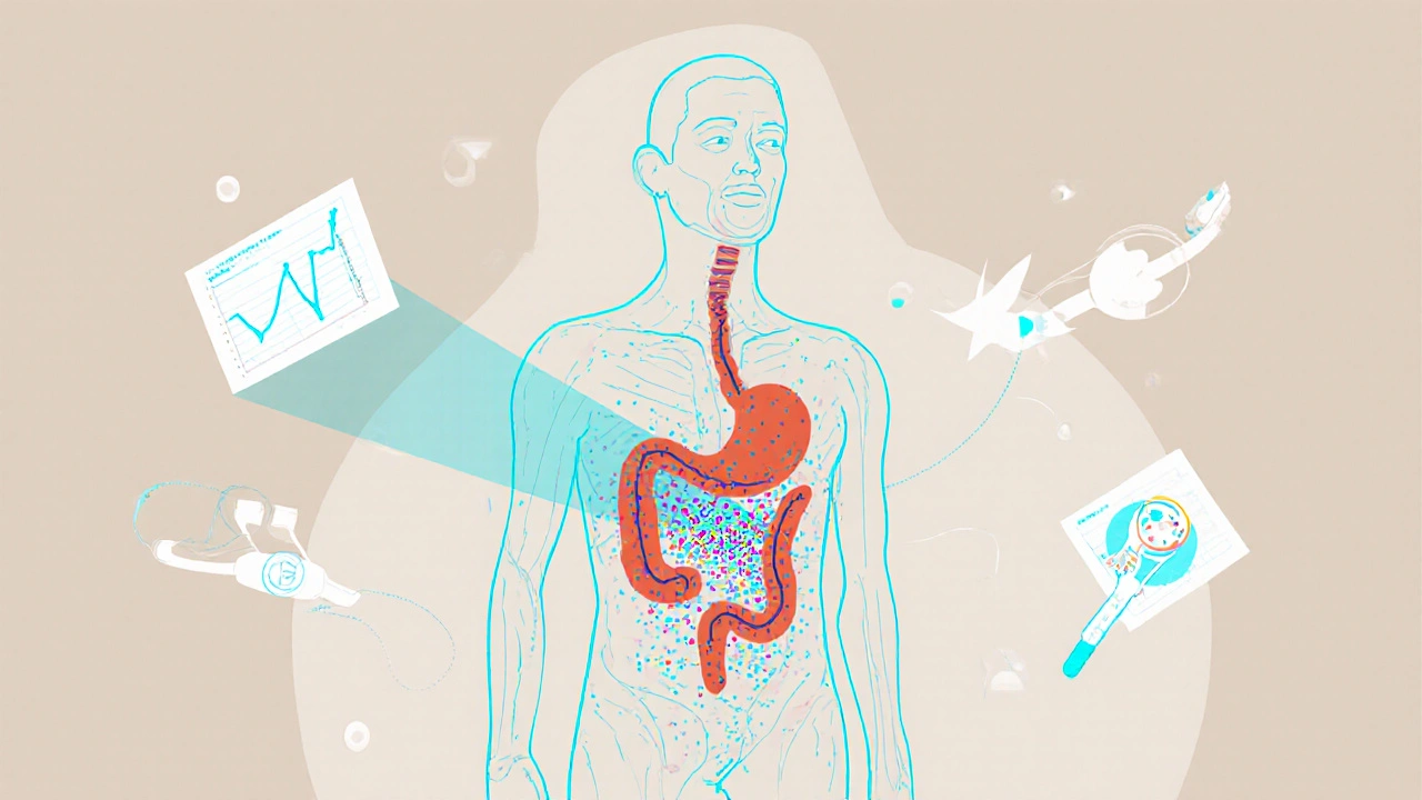 Virtual model showing drug movement through a transparent human body with holographic simulations.