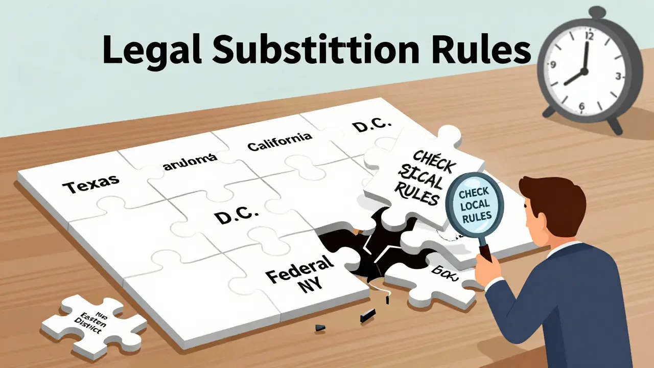 A broken puzzle of legal jurisdictions with one wrong form forced into a federal slot, a lawyer checking rules with a magnifying glass.