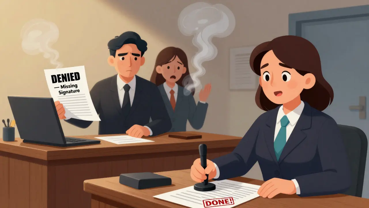 A federal judge rejecting a motion while a client’s case fades away, contrasted with a cheerful state clerk approving a simple form.