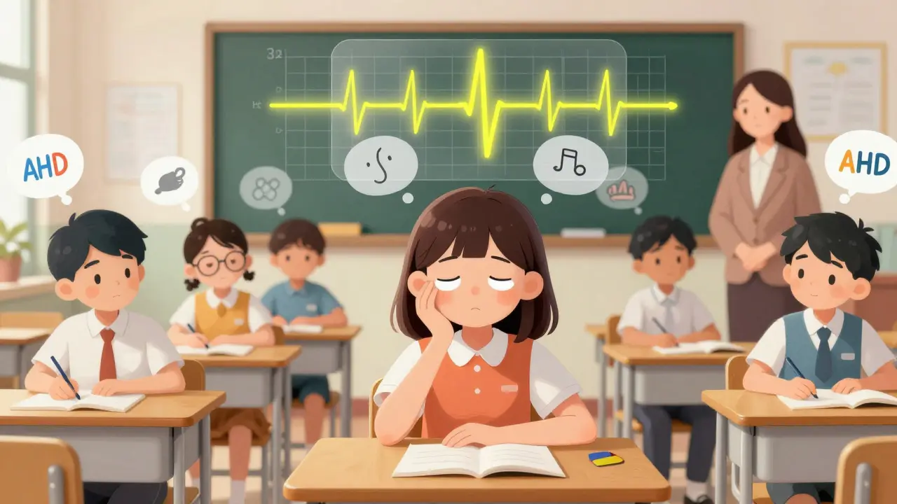 A girl having an absence seizure in class, with invisible EEG patterns above her head while others misunderstand her condition.