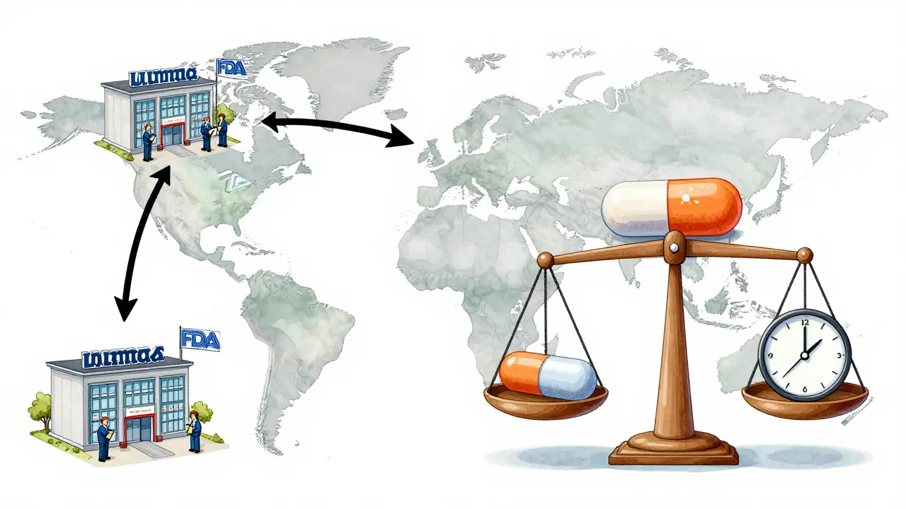 A global map showing drug manufacturing flow to the U.S., with FDA inspectors inspecting facilities and a balanced scale comparing generic and brand pills.