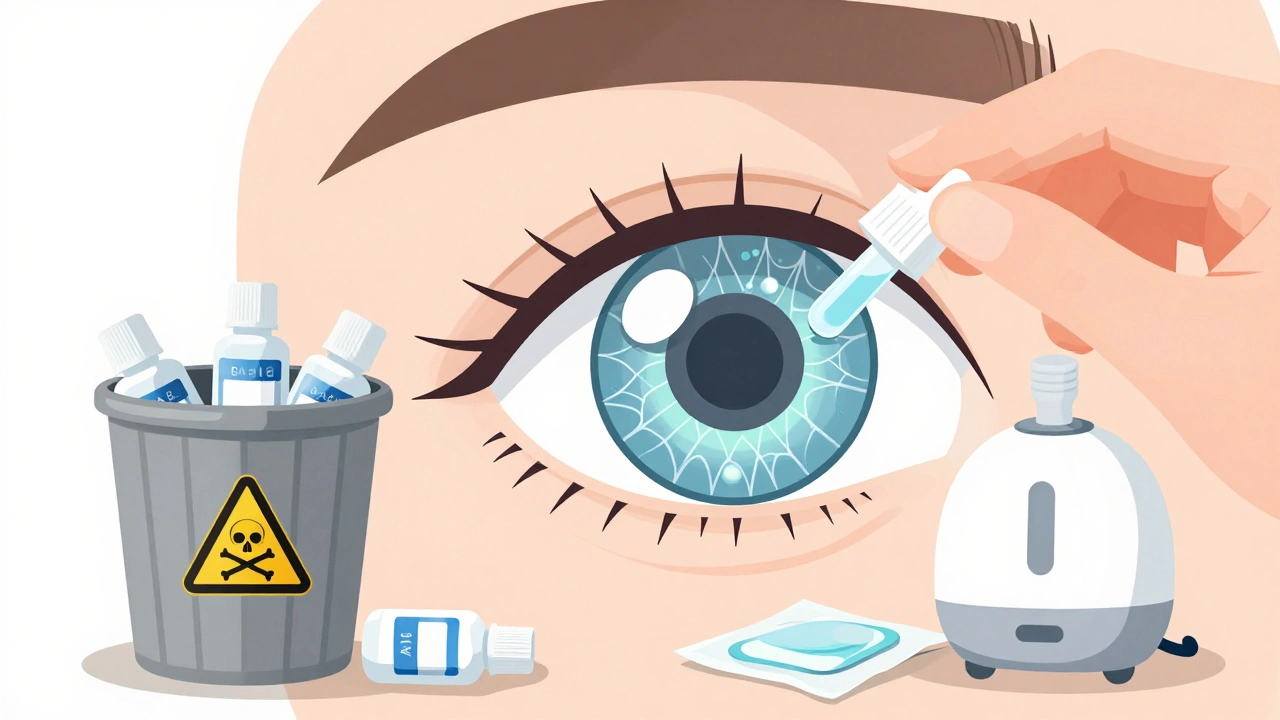 A hand applying a single eye drop with molecular protection visible inside the eye.