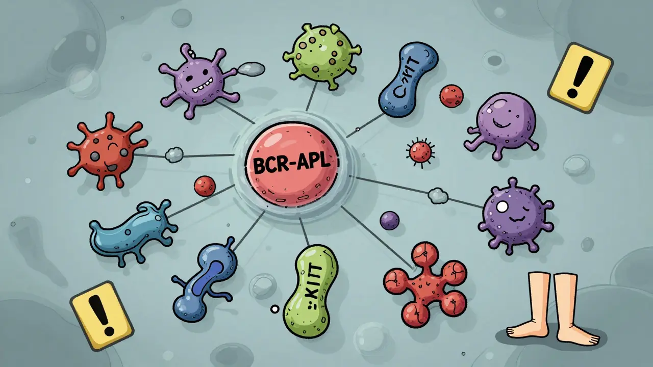 A molecular net catching unintended protein targets in a cell, highlighting off-target drug interactions.