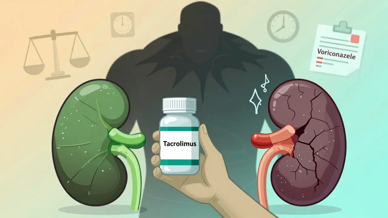 A patient with a looming antifungal pill casting a shadow over damaged kidneys, contrasting healthy and injured states.