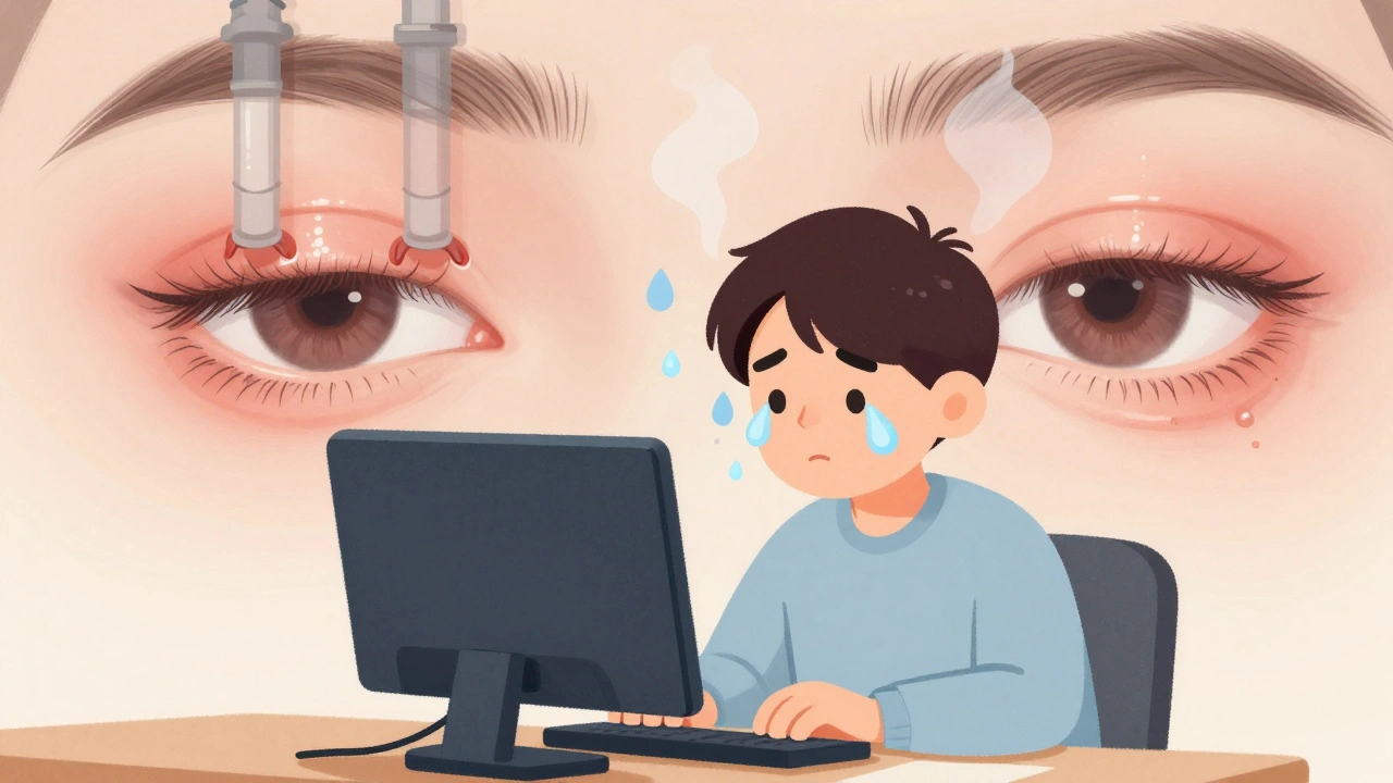 A person with evaporating tears above their eyes, showing clogged oil glands behind them.