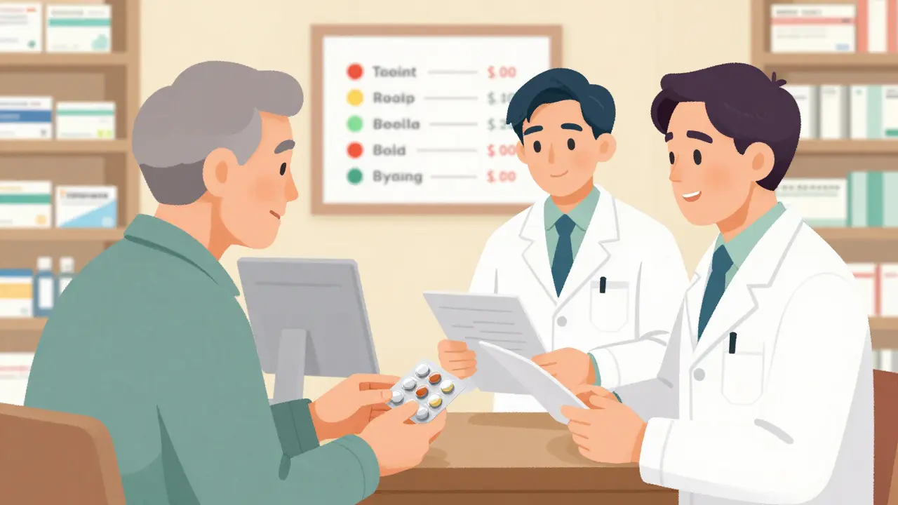 A pharmacist and doctor review medication lists together with an older patient in a warm community pharmacy.