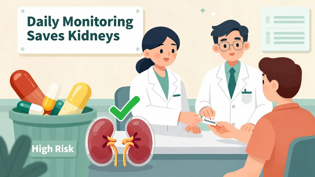 A pharmacist giving a safer antifungal pill to a patient, while risky azoles are discarded, with a healthy kidney in focus.