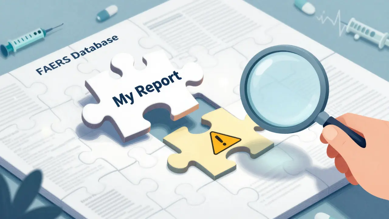 A single report puzzle piece fitting into a large FDA database puzzle, with warning labels emerging.