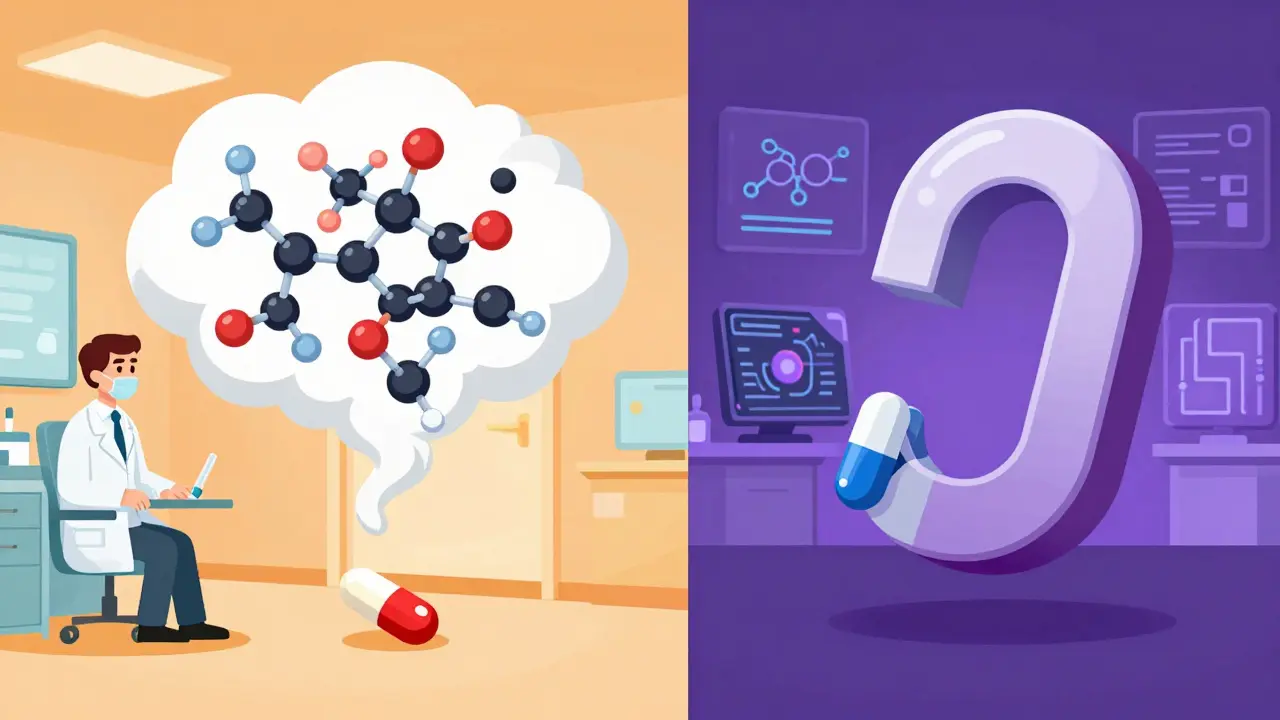 A small pill causing chaotic molecular interactions versus a precise antibody binding cleanly to one target.
