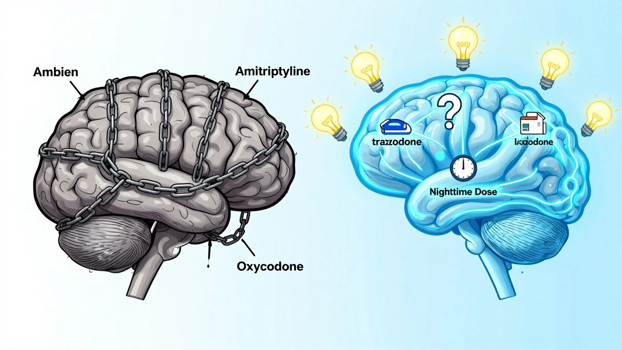 A split brain shows foggy, chained pathways on one side and clear, glowing ones on the other.