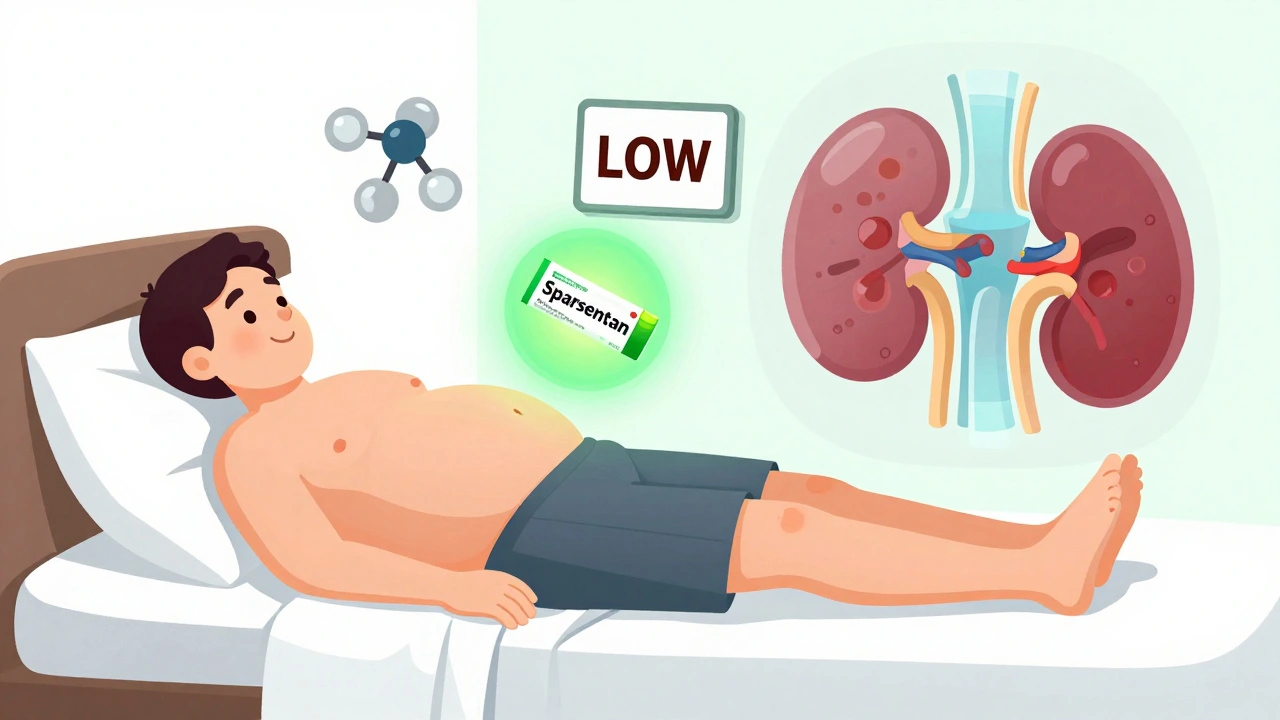 Adult with swelling surrounded by medical symbols, new treatment pill glowing as kidney heals.