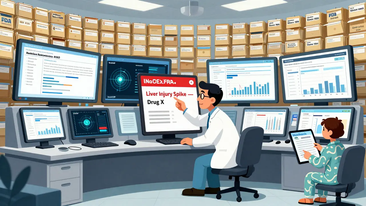 An FDA scientist analyzes drug safety data on screens, surrounded by millions of adverse event reports.