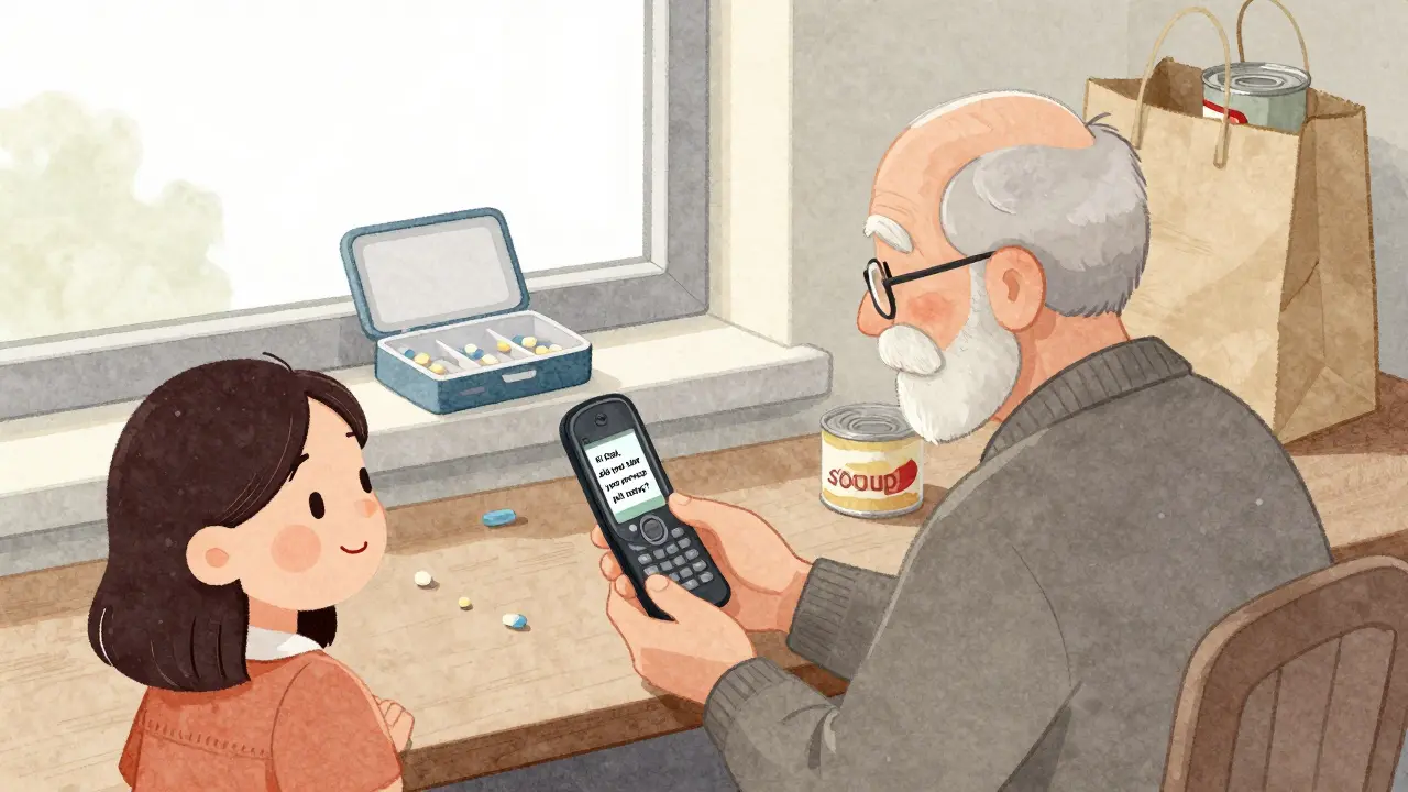 An older man receives a caring text message from his daughter while a pillbox sits nearby, with a grocery bag hinting at financial strain.