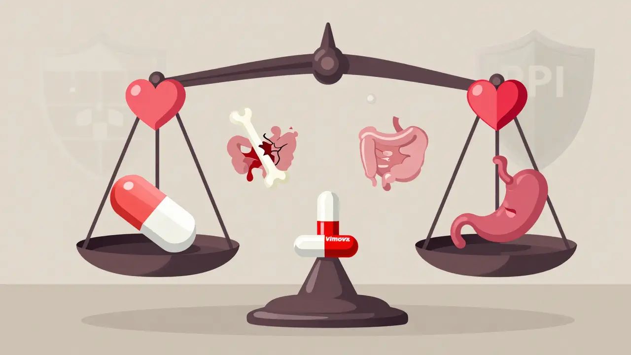 Balanced scale comparing NSAID types with heart and stomach risks, and Vimovo as a middle-ground solution.