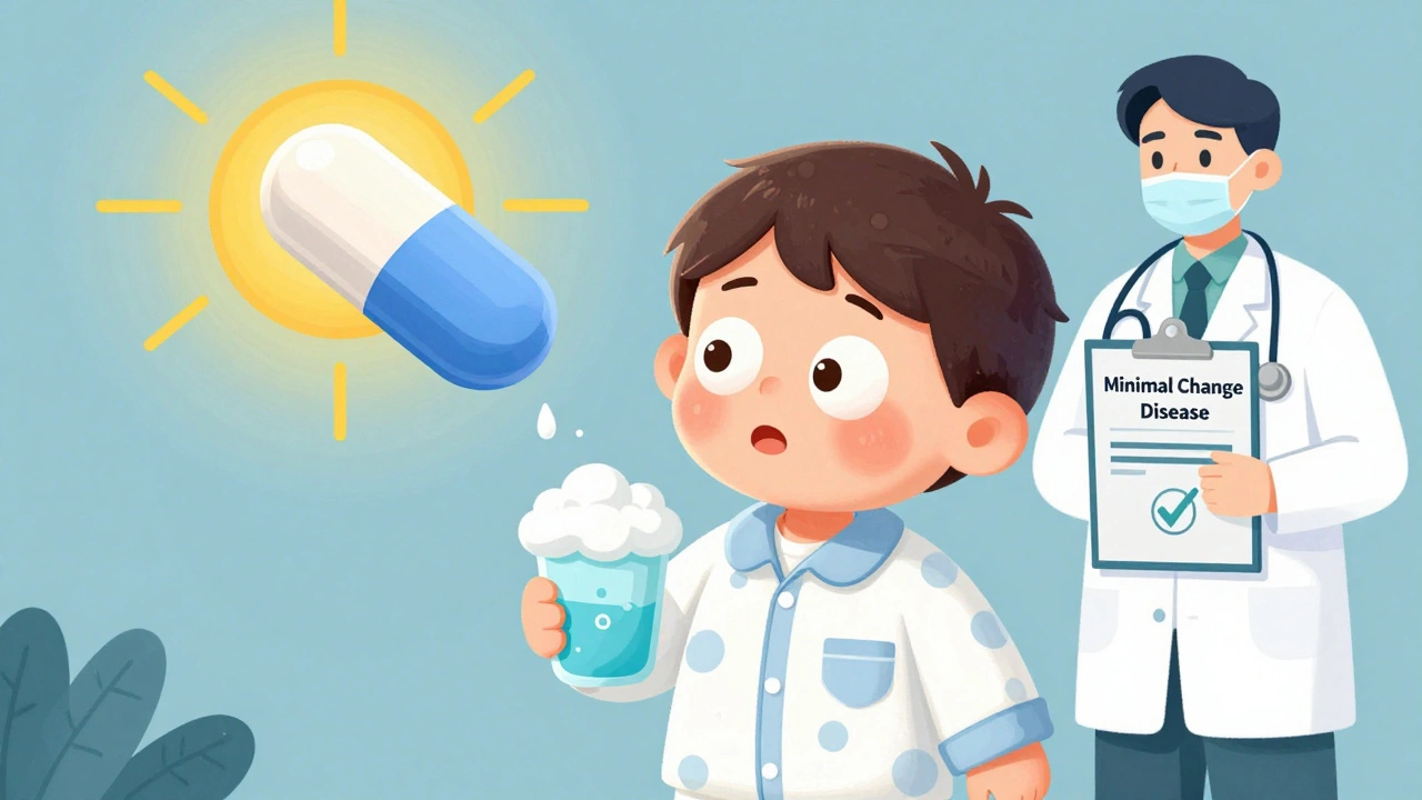 Child with puffy face holding foamy urine cup, steroid pill above reducing swelling.