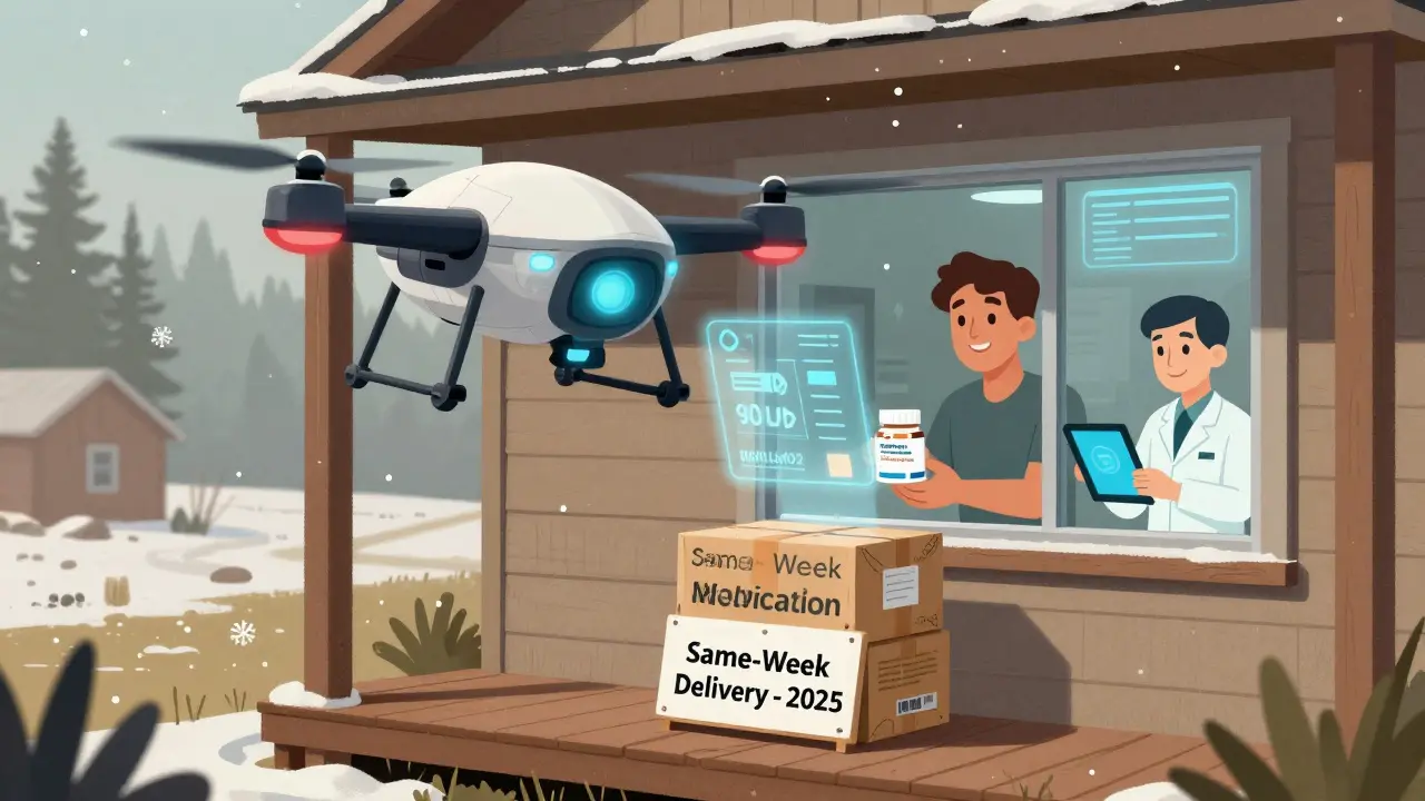 Delivery drone drops cold-chain medication package at a rural home, with 'Same-Week Delivery 2025' sign visible.