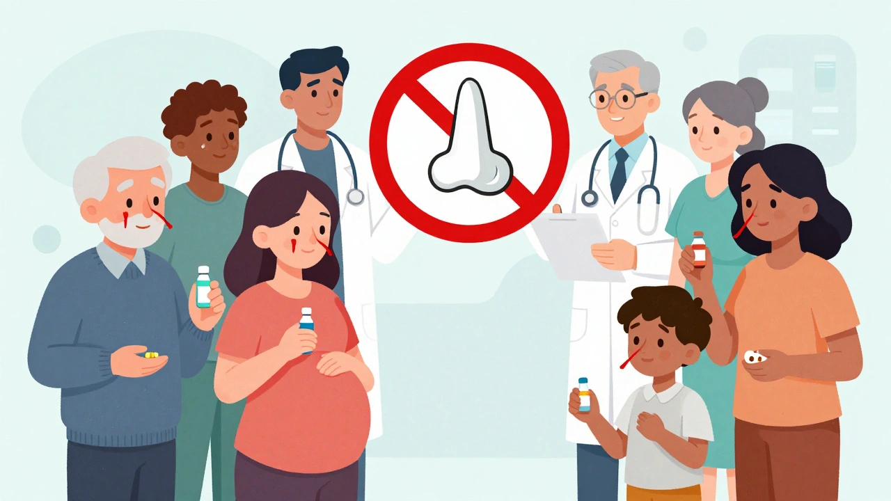 Diverse group of people with medication-induced nosebleeds connected to a warning sign.